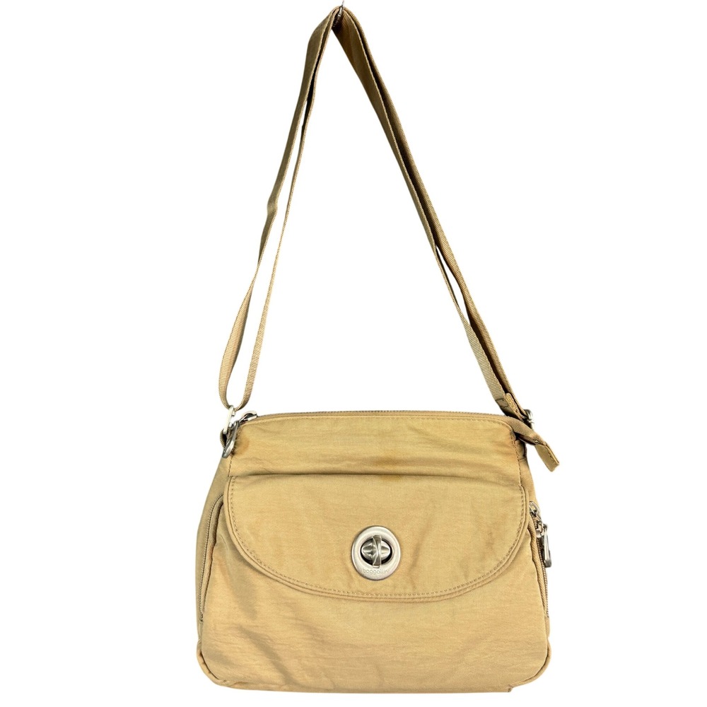 Baggallini Tan Khaki Nylon Crossbody Bag Turn Lock Travel Shoulder Bag